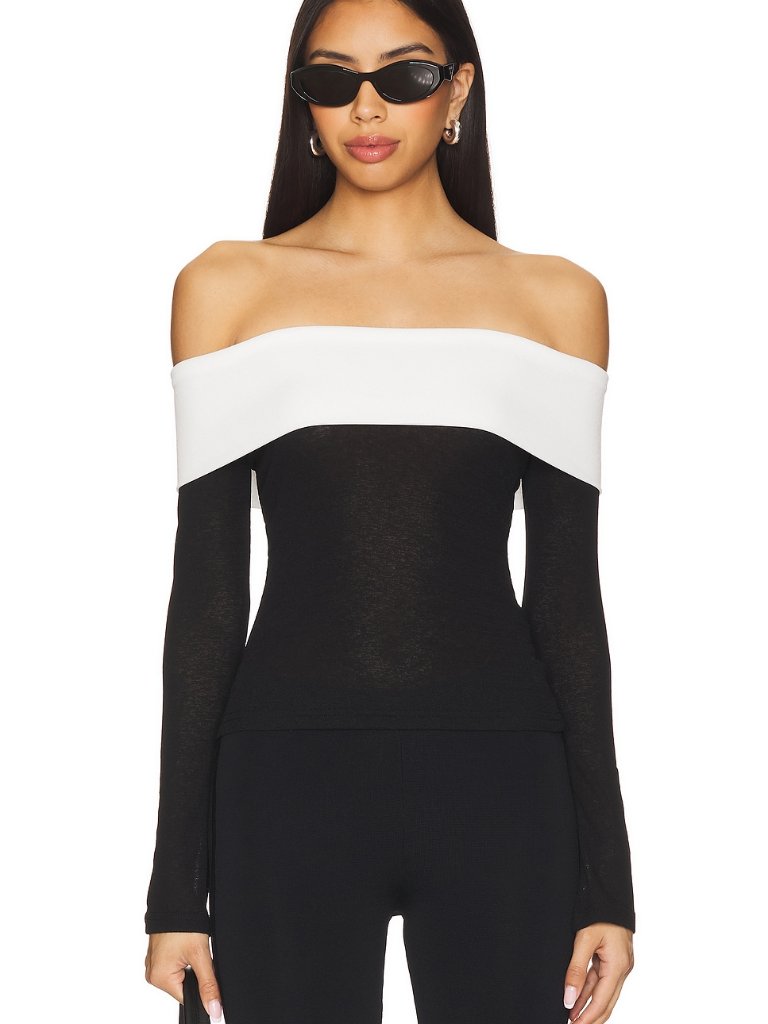 All The Ways Monica Off Shoulder Top In Black & White Long Sleeve Knit
